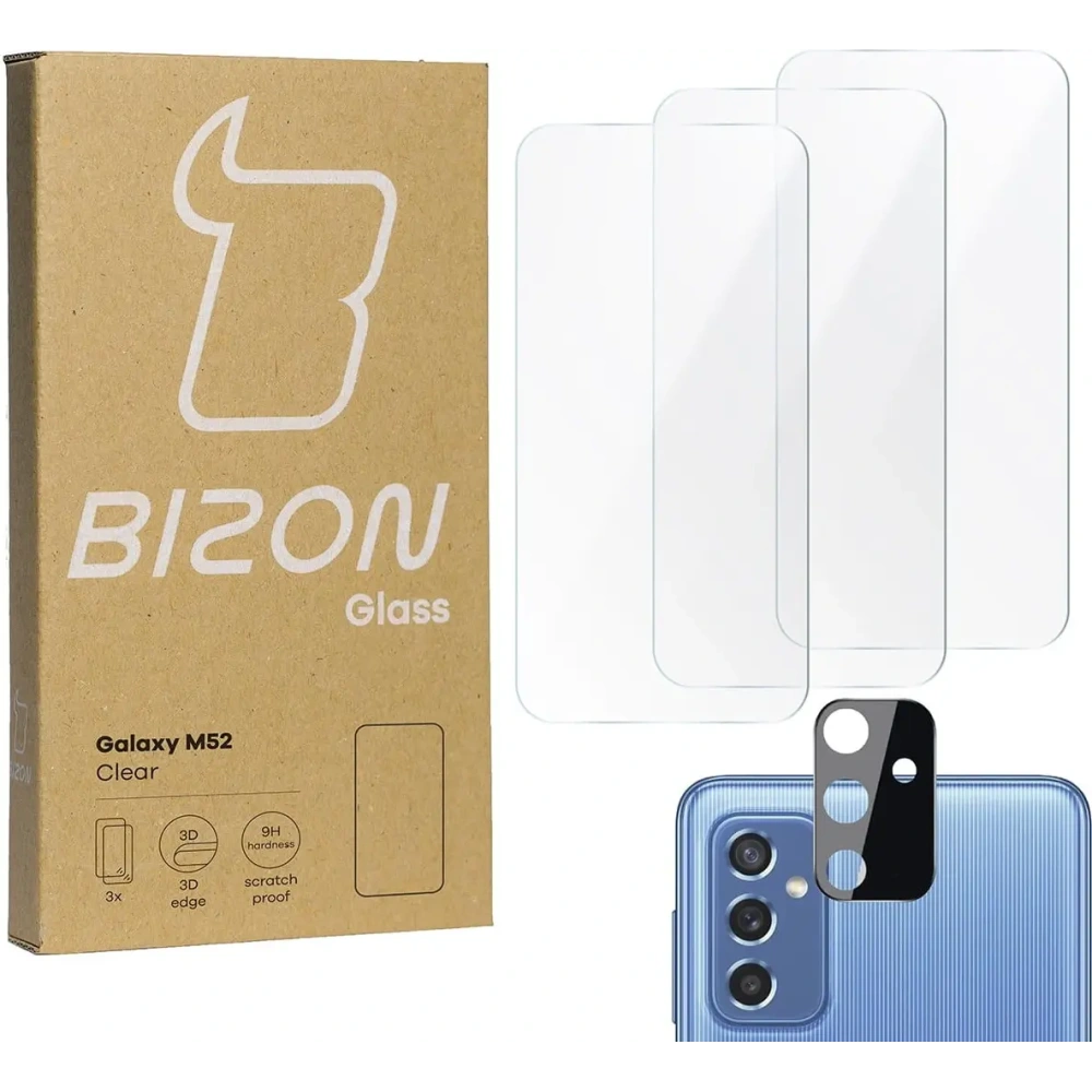 Szkło hartowane Bizon Glass Clear - 3 szt. + obiektyw Samsung Galaxy M52