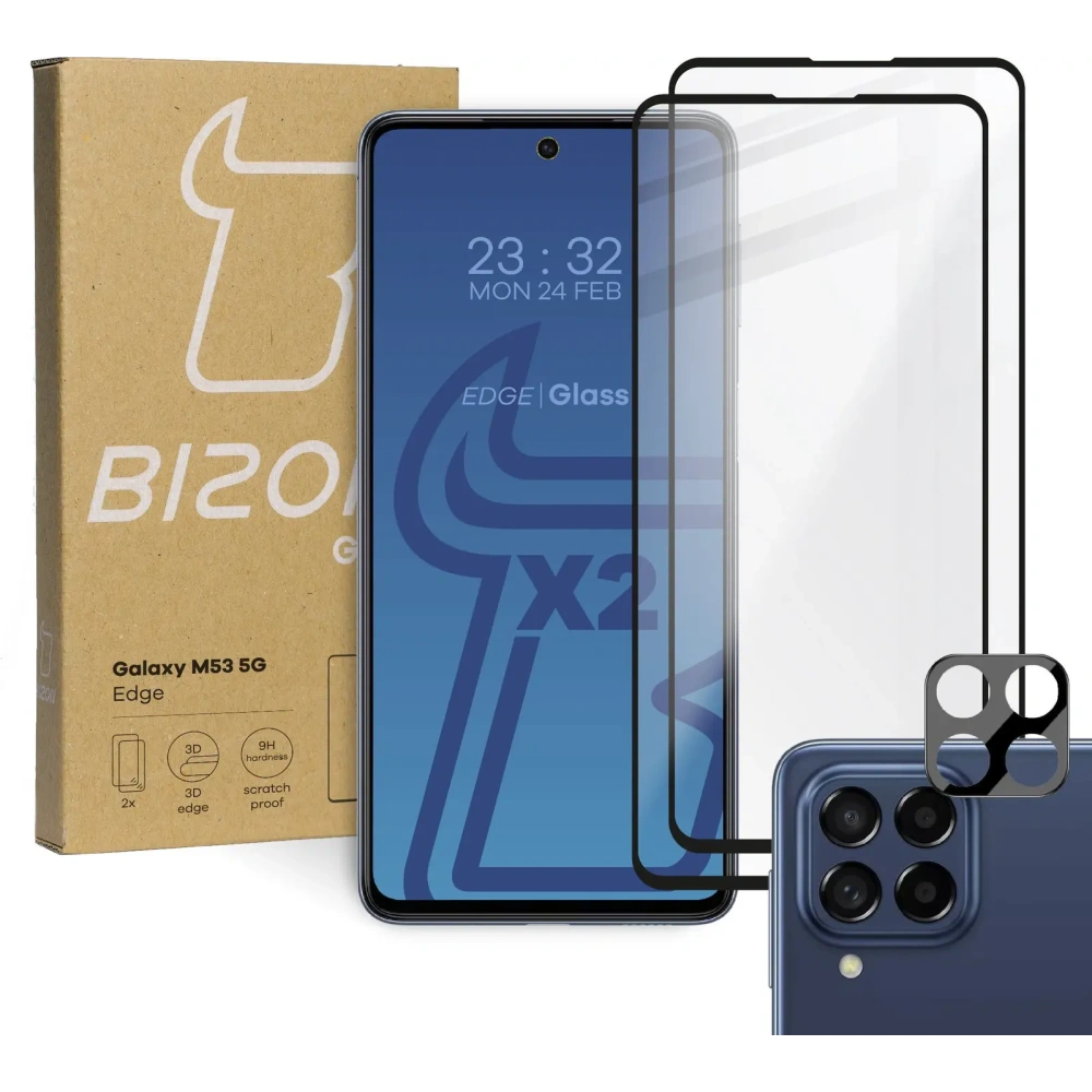 Szkło hartowane Bizon Glass Edge - [2 PACK] + ochrona na obiektyw Samsung Galaxy M53 5G