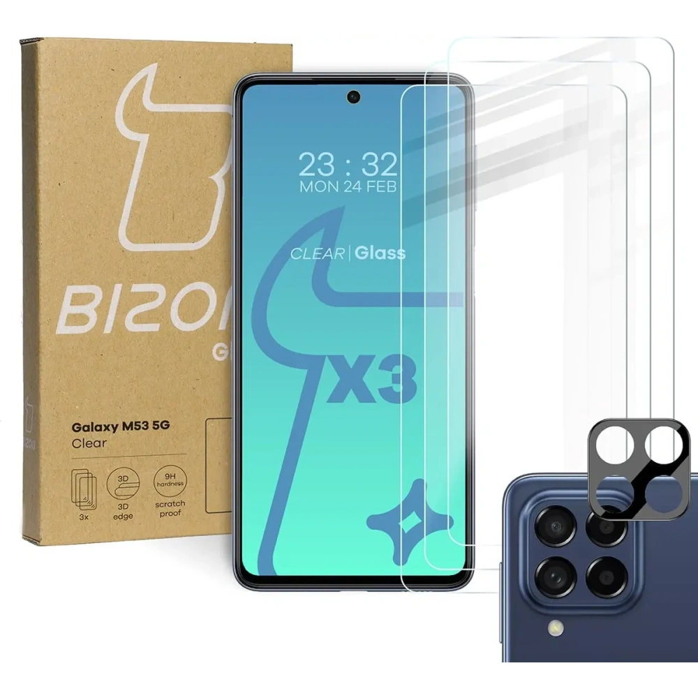 Szkło hartowane Bizon Glass Clear - 3 szt. + obiektyw Samsung Galaxy M53 5G