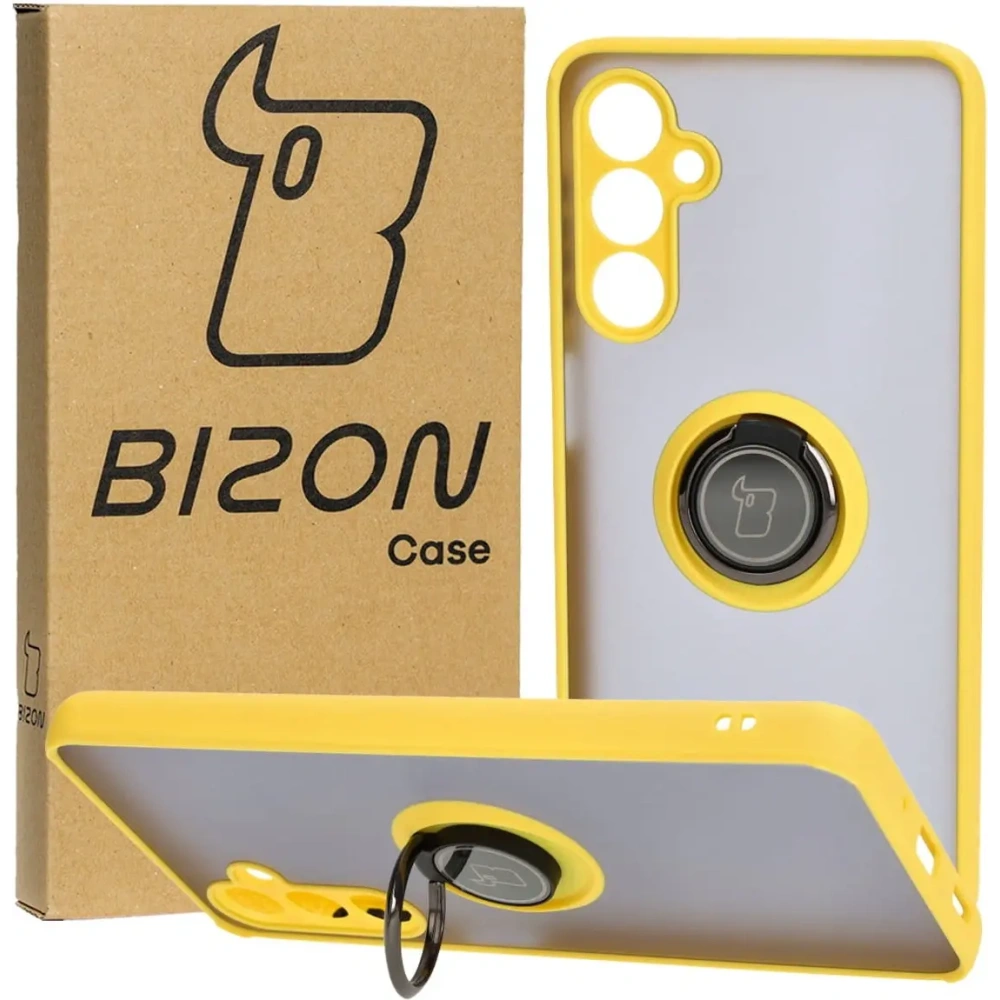 Etui z uchwytem na palec Bizon Case Hybrid Ring do Samsung Galaxy M54 5G przydymione z żółtą ramką