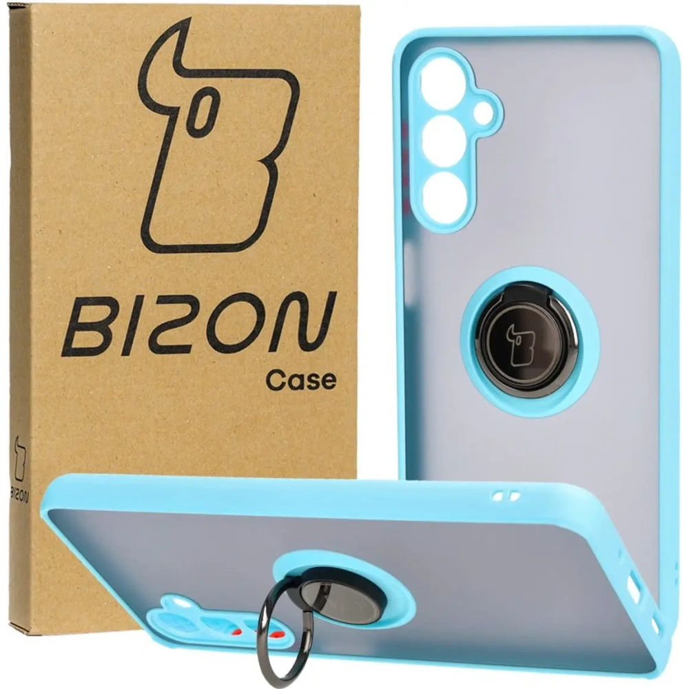 Etui z uchwytem na palec Bizon Case Hybrid Ring do Samsung Galaxy M54 5G przydymione z jasnoniebieską ramką