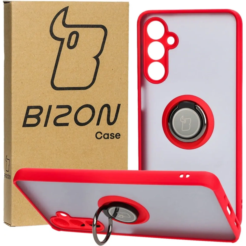 Etui z uchwytem na palec Bizon Case Hybrid Ring do Samsung Galaxy M54 5G przydymione z czerwoną ramką
