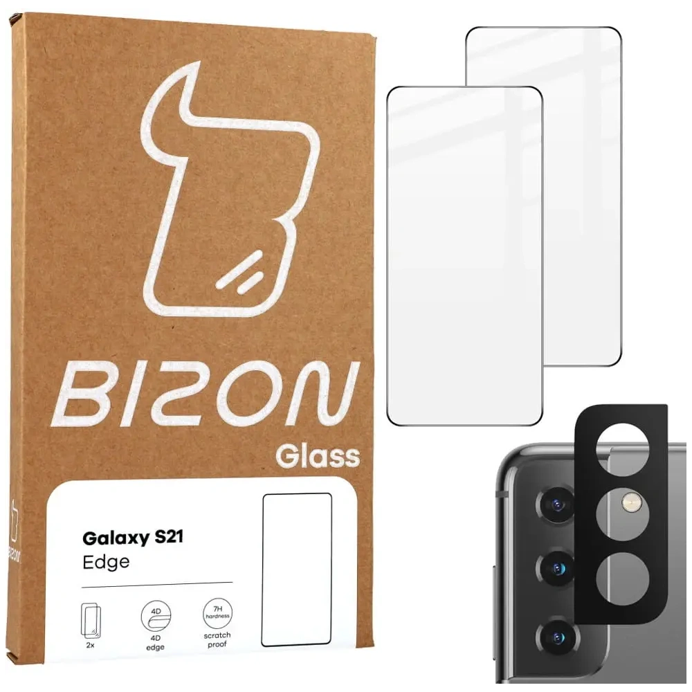 Szkło hartowane Bizon Glass Edge - [2 PACK] + ochrona na obiektyw Samsung Galaxy S21 5G czarne
