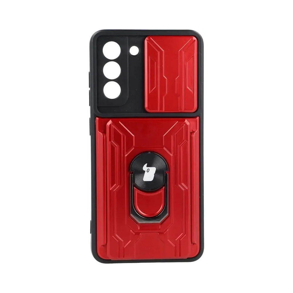 Etui Bizon Case Camshield Card Slot Ring do Samsung Galaxy S21 FE czerwone