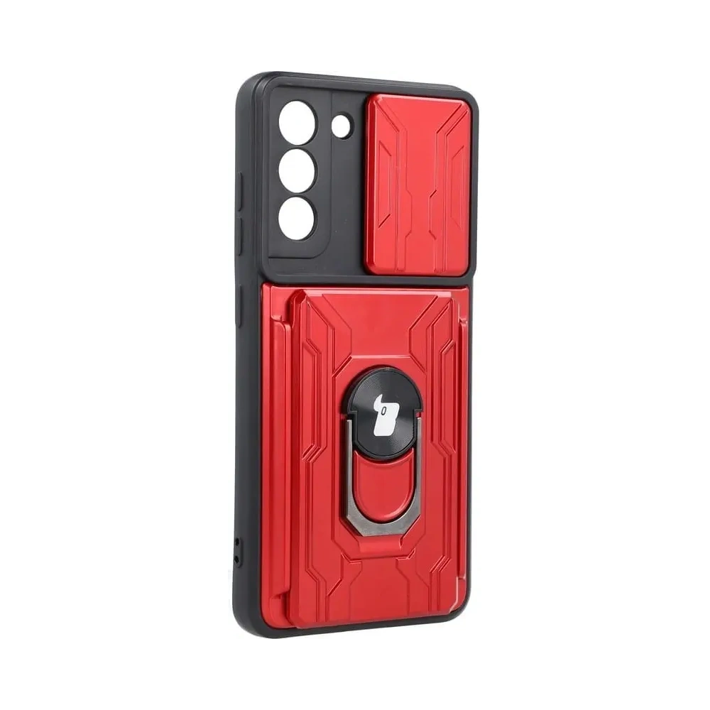 Etui Bizon Case Camshield Card Slot Ring do Samsung Galaxy S21 FE czerwone