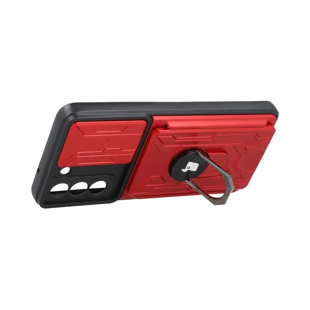 Etui Bizon Case Camshield Card Slot Ring do Samsung Galaxy S21 FE czerwone
