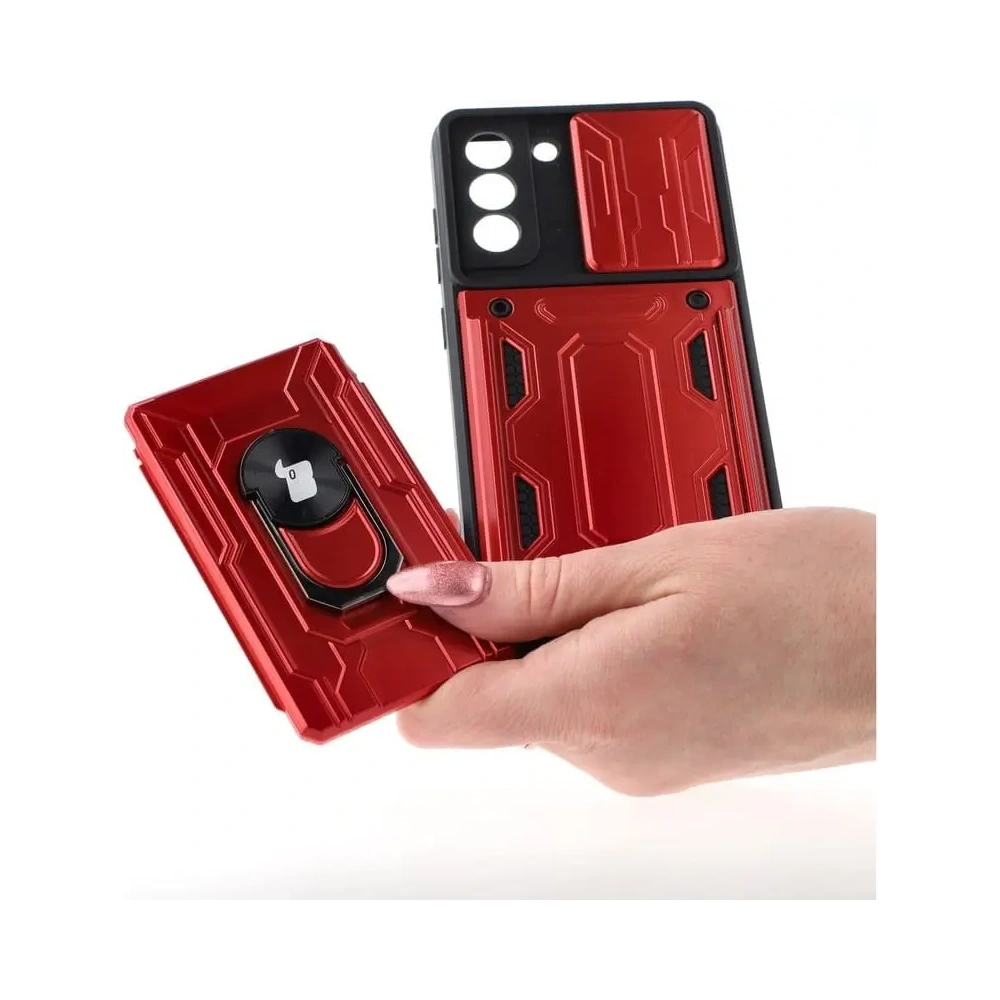 Etui Bizon Case Camshield Card Slot Ring do Samsung Galaxy S21 FE czerwone