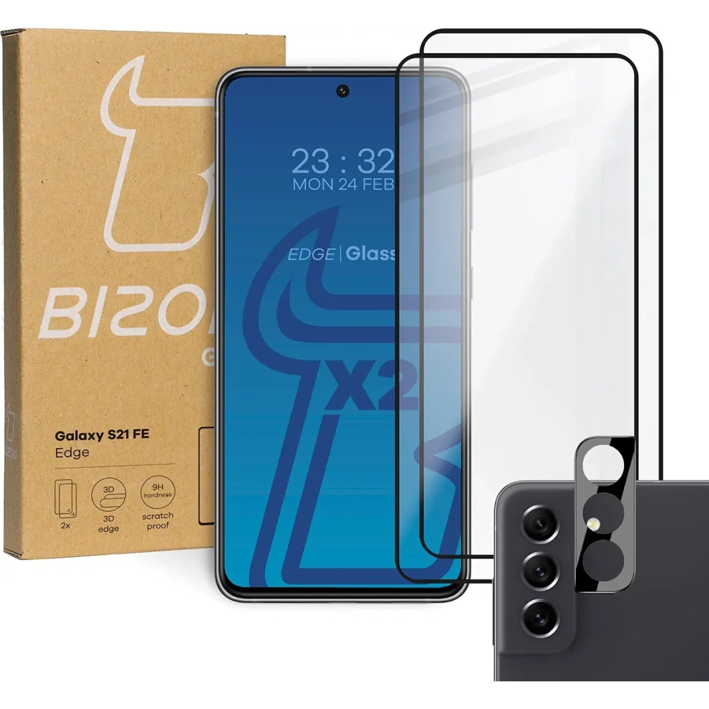 2x szkło hartowane Bizon Glass Edge + ochrona na obiektyw Samsung Galaxy S21 FE czarne