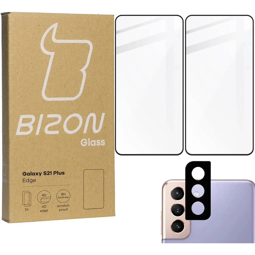 2x szkło hartowane Bizon Glass Edge + ochrona na obiektyw Samsung Galaxy S21 Plus 5G czarne