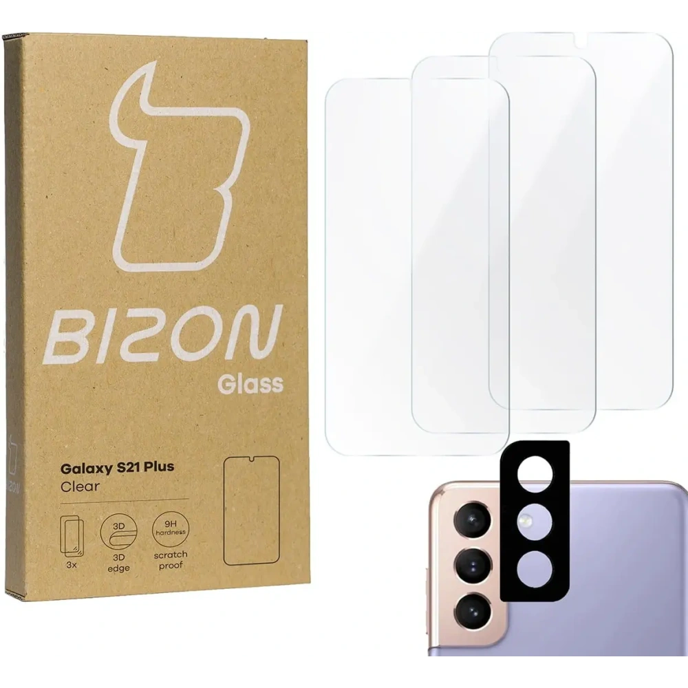 Szkło hartowane Bizon Glass Clear - 3 szt. + obiektyw Samsung Galaxy S21 Plus 5G