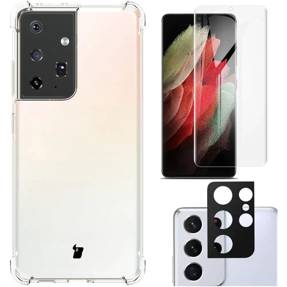 Etui + 2x folia + obiektyw Bizon Case Clear Pack do Samsung Galaxy S21 Ultra przezroczyste