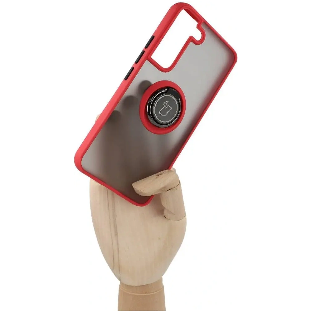 Etui z uchwytem na palec Bizon Case Hybrid Ring do Samsung Galaxy S22 przydymione z czerwoną ramką