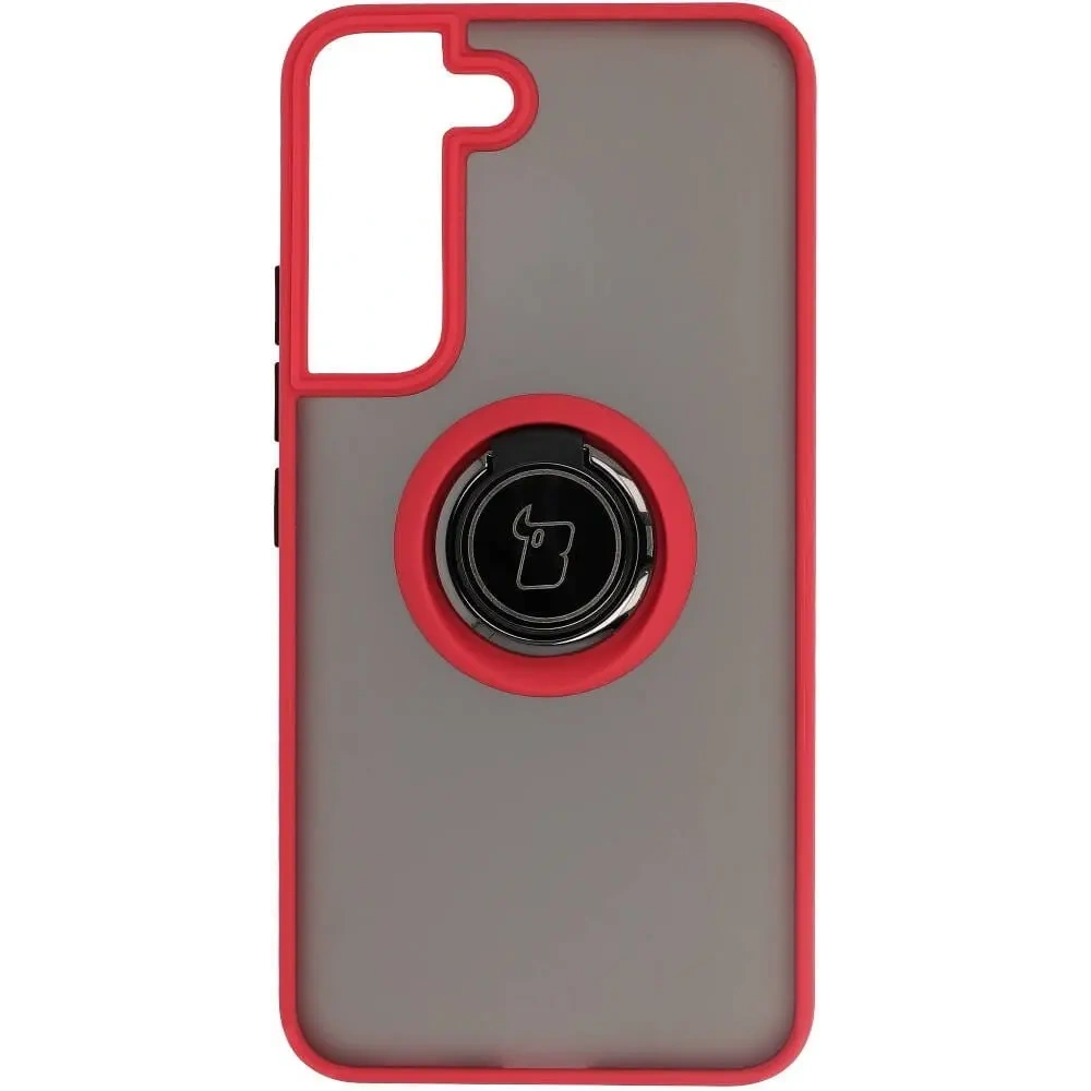 Etui z uchwytem na palec Bizon Case Hybrid Ring do Samsung Galaxy S22 przydymione z czerwoną ramką