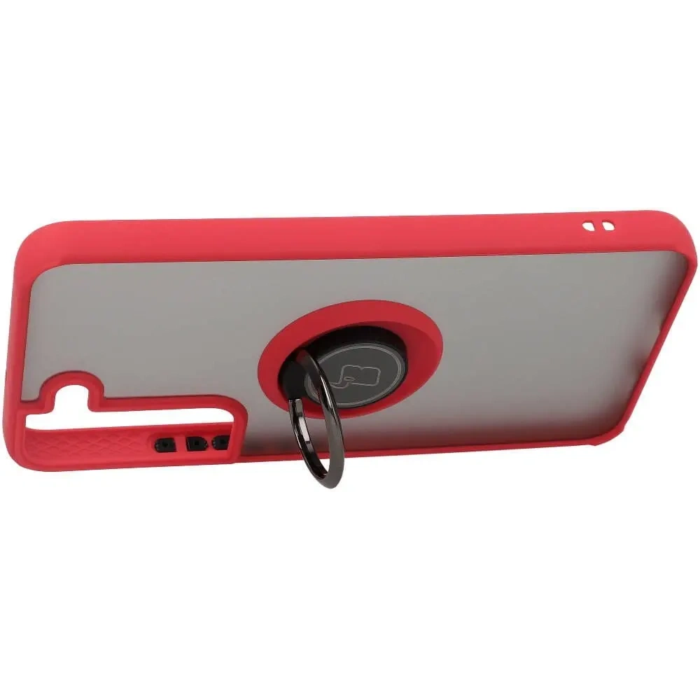 Etui z uchwytem na palec Bizon Case Hybrid Ring do Samsung Galaxy S22 przydymione z czerwoną ramką