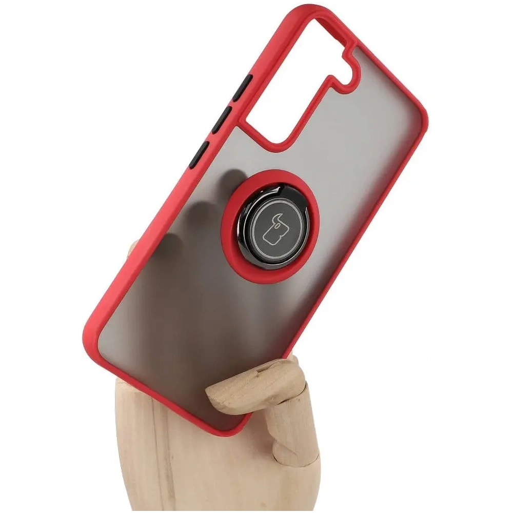 Etui z uchwytem na palec Bizon Case Hybrid Ring do Samsung Galaxy S22 przydymione z czerwoną ramką