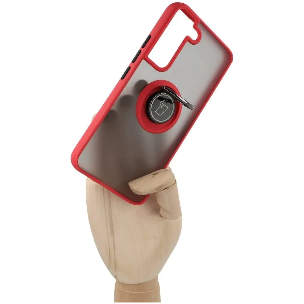 Etui z uchwytem na palec Bizon Case Hybrid Ring do Samsung Galaxy S22 przydymione z czerwoną ramką