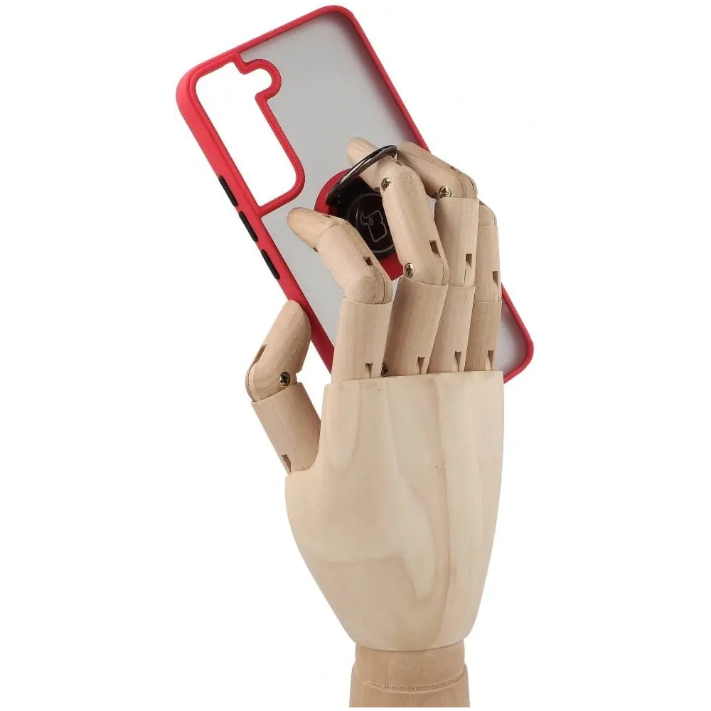 Etui z uchwytem na palec Bizon Case Hybrid Ring do Samsung Galaxy S22 przydymione z czerwoną ramką