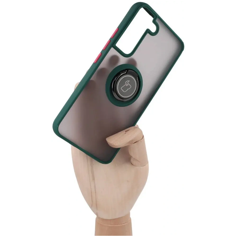 Etui z uchwytem na palec Bizon Case Hybrid Ring do Samsung Galaxy S22 przydymione z ciemnozieloną ramką