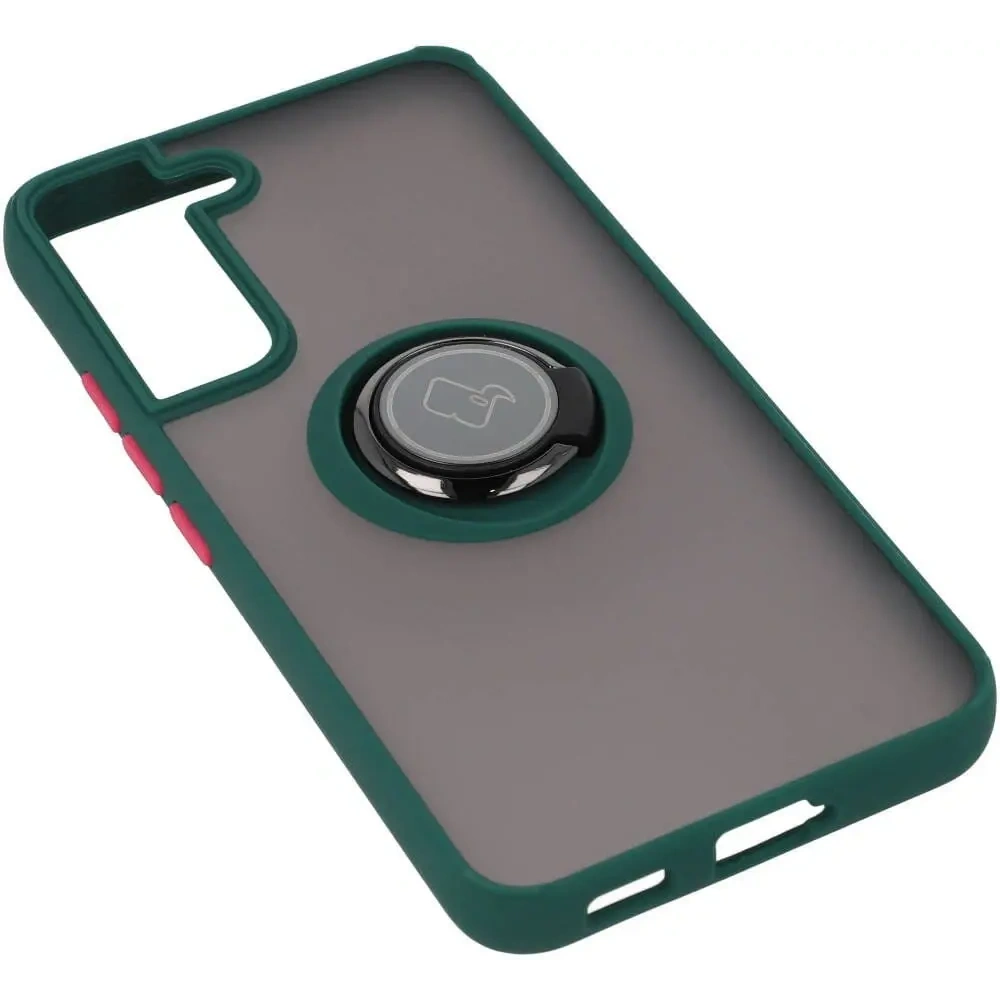 Etui z uchwytem na palec Bizon Case Hybrid Ring do Samsung Galaxy S22 przydymione z ciemnozieloną ramką