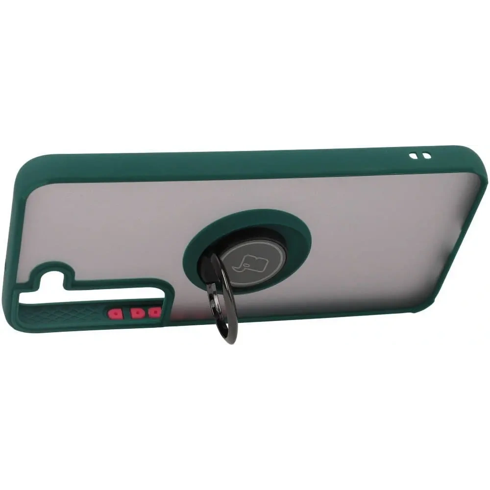 Etui z uchwytem na palec Bizon Case Hybrid Ring do Samsung Galaxy S22 przydymione z ciemnozieloną ramką