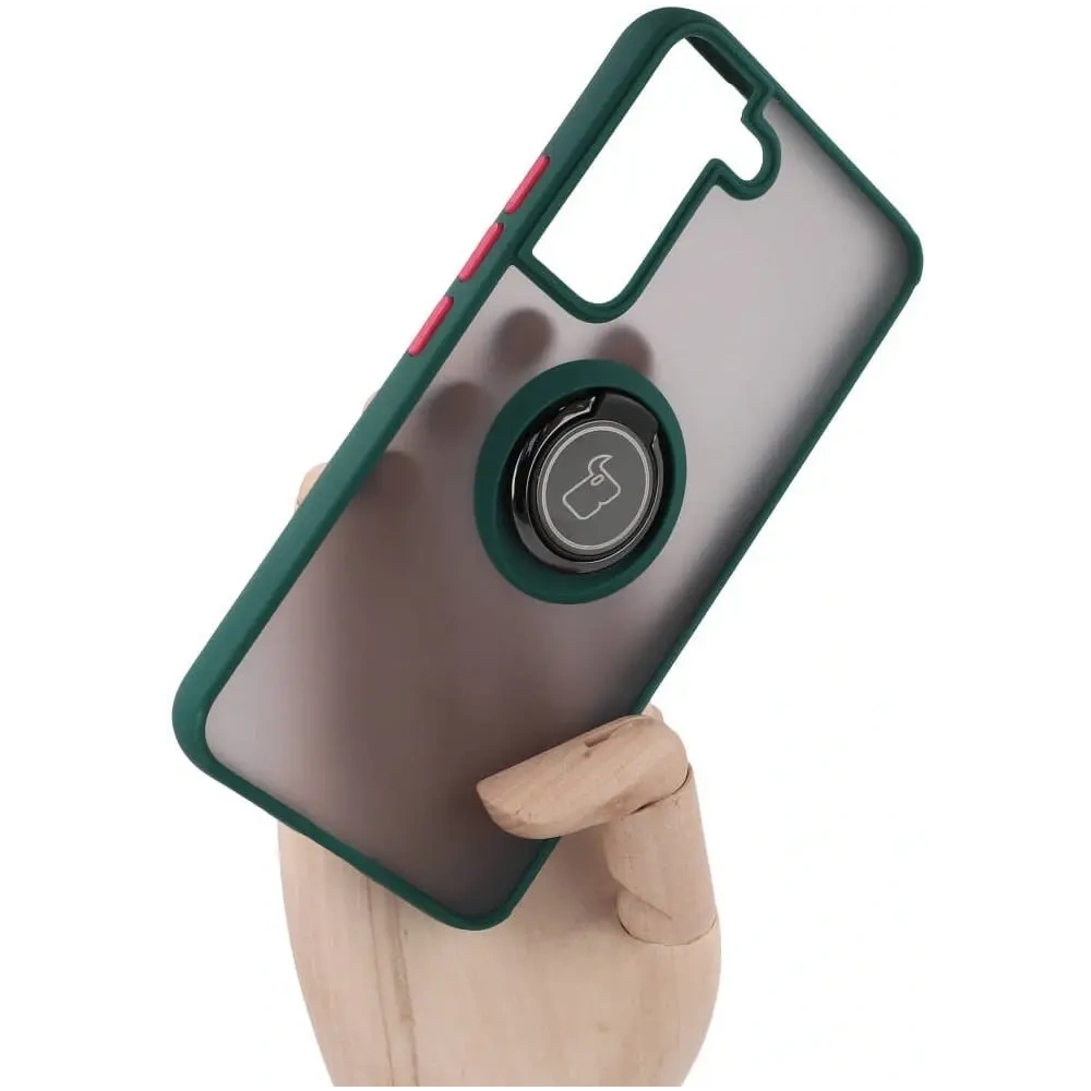 Etui z uchwytem na palec Bizon Case Hybrid Ring do Samsung Galaxy S22 przydymione z ciemnozieloną ramką