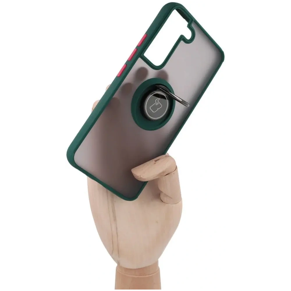 Etui z uchwytem na palec Bizon Case Hybrid Ring do Samsung Galaxy S22 przydymione z ciemnozieloną ramką