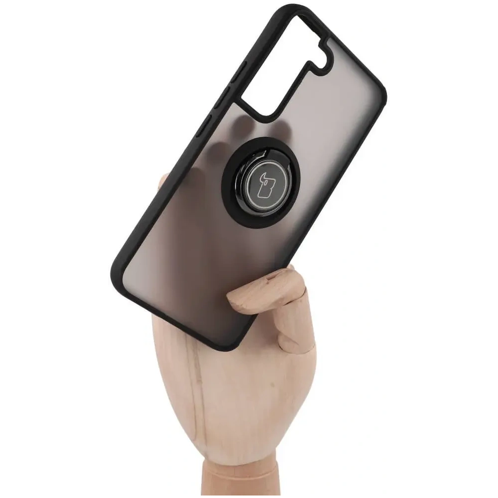 Etui z uchwytem na palec Bizon Case Hybrid Ring do Samsung Galaxy S22 przydymione z czarną ramką