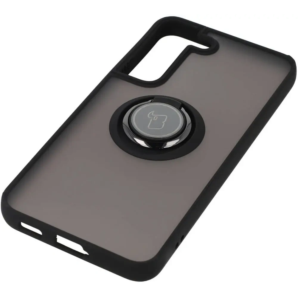 Etui z uchwytem na palec Bizon Case Hybrid Ring do Samsung Galaxy S22 przydymione z czarną ramką