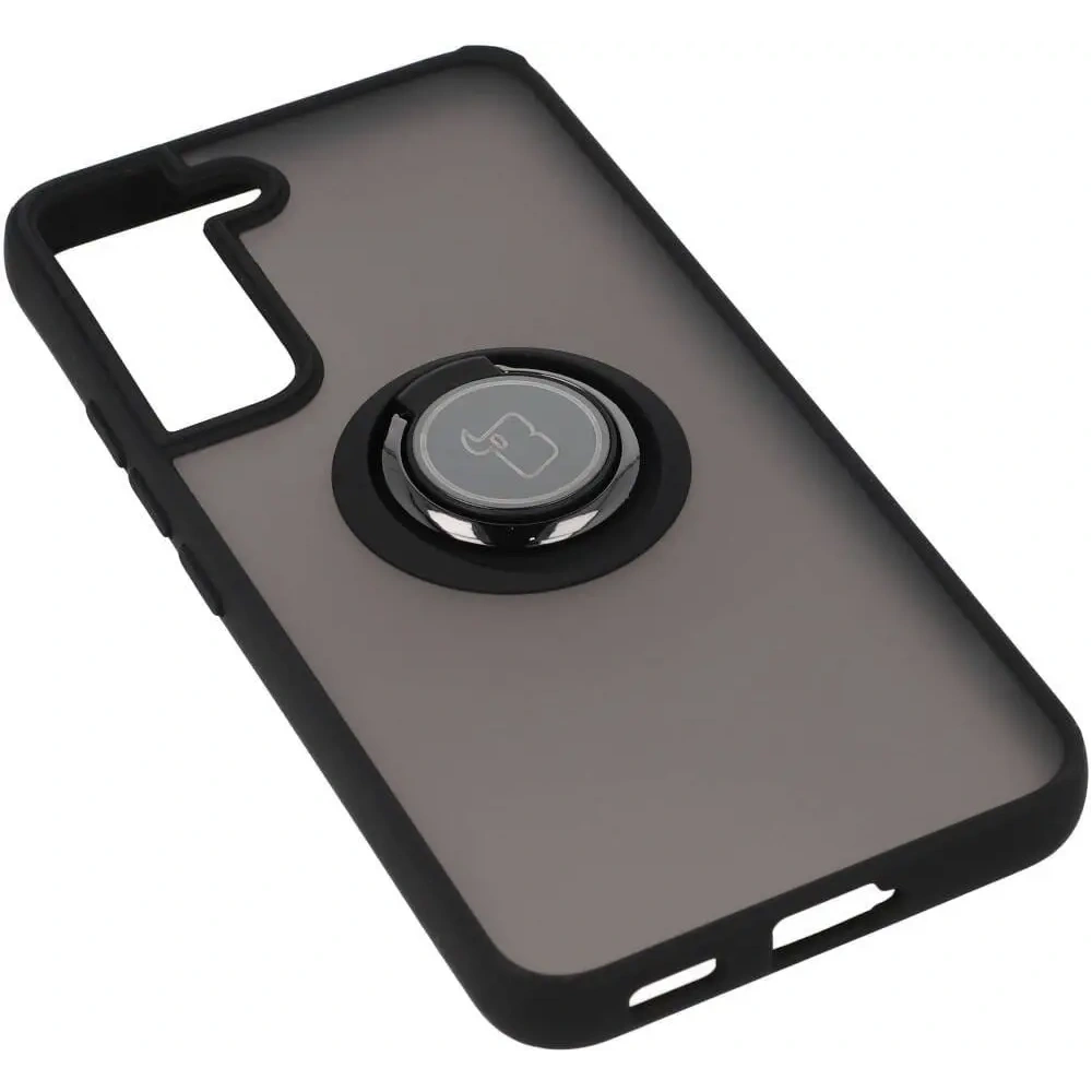 Etui z uchwytem na palec Bizon Case Hybrid Ring do Samsung Galaxy S22 przydymione z czarną ramką