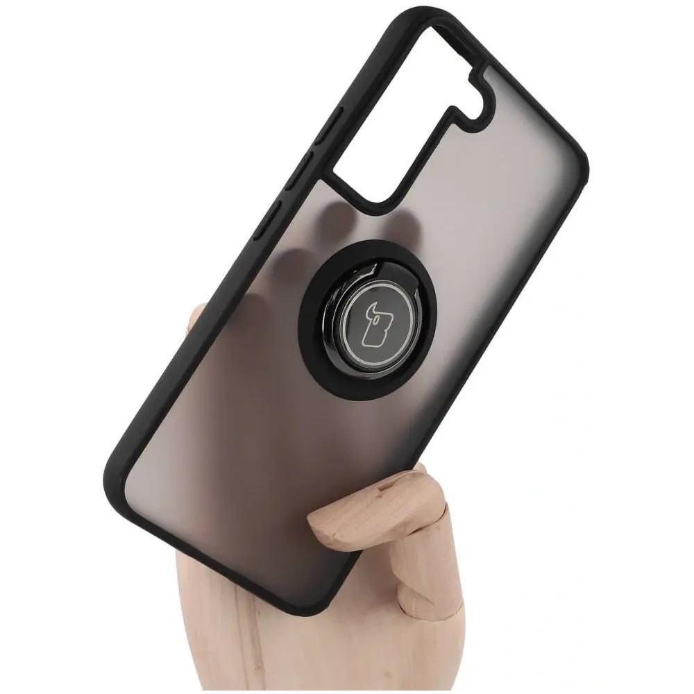 Etui z uchwytem na palec Bizon Case Hybrid Ring do Samsung Galaxy S22 przydymione z czarną ramką