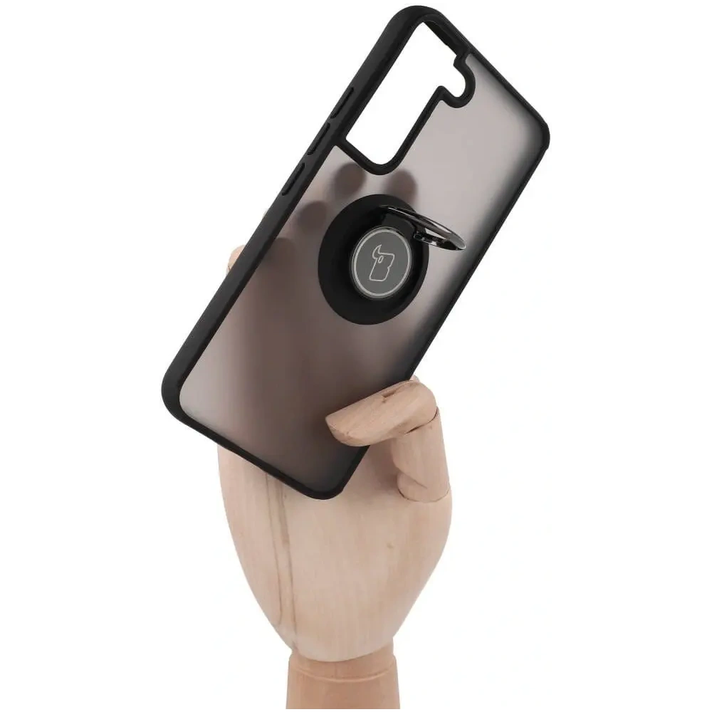Etui z uchwytem na palec Bizon Case Hybrid Ring do Samsung Galaxy S22 przydymione z czarną ramką