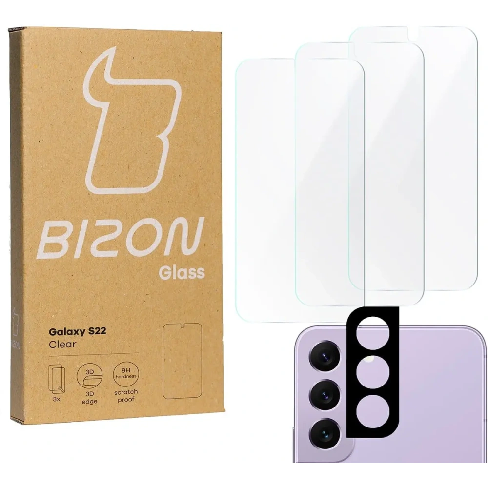 Szkło hartowane Bizon Glass Clear - 3 szt. + obiektyw Samsung Galaxy S22