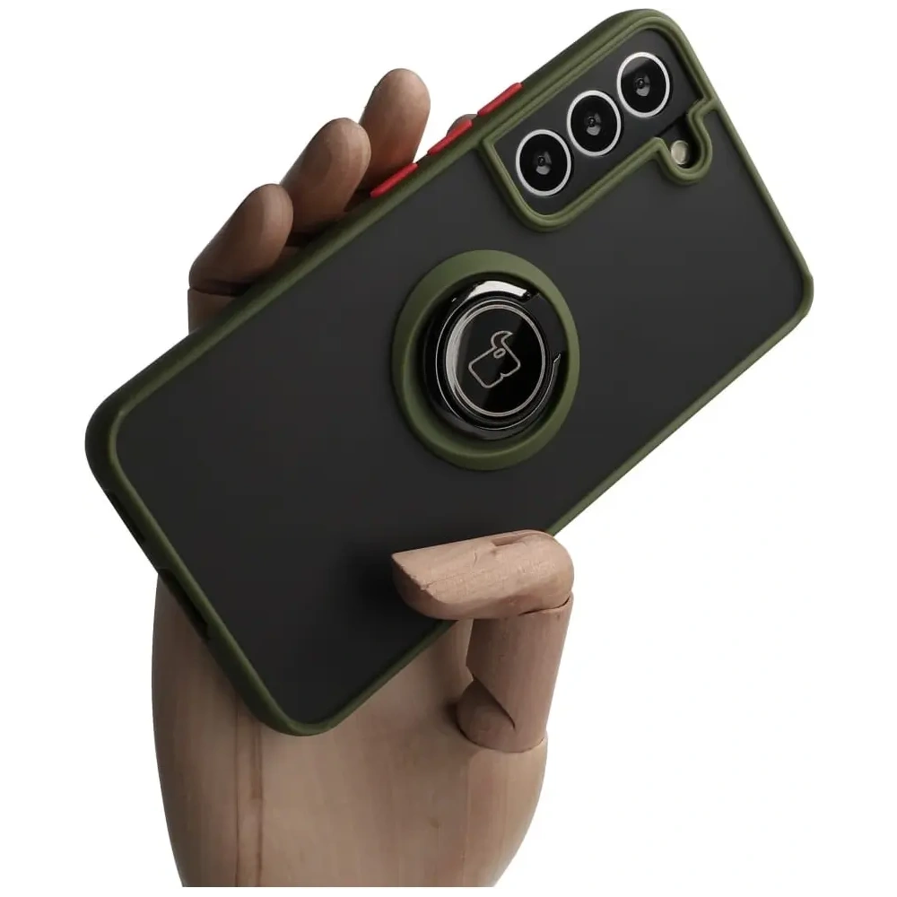 Etui z uchwytem na palec Bizon Case Hybrid Ring do Samsung Galaxy S22 przydymione z zieloną ramką