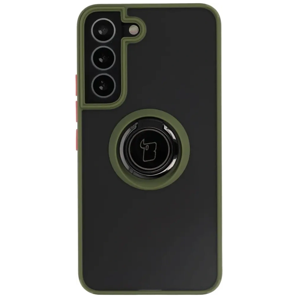 Etui z uchwytem na palec Bizon Case Hybrid Ring do Samsung Galaxy S22 przydymione z zieloną ramką