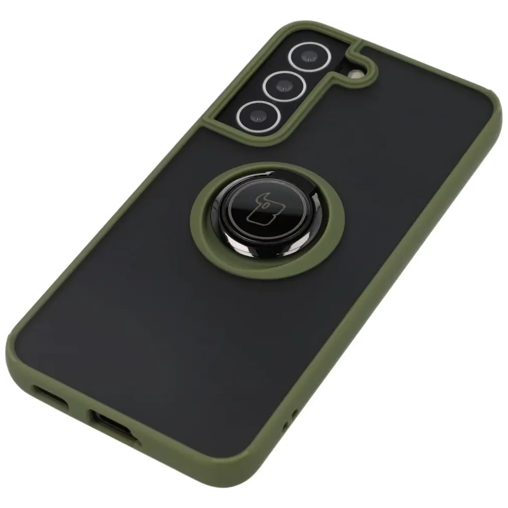 Etui z uchwytem na palec Bizon Case Hybrid Ring do Samsung Galaxy S22 przydymione z zieloną ramką