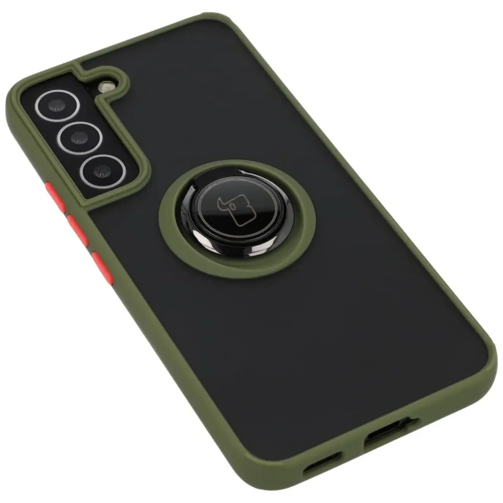 Etui z uchwytem na palec Bizon Case Hybrid Ring do Samsung Galaxy S22 przydymione z zieloną ramką