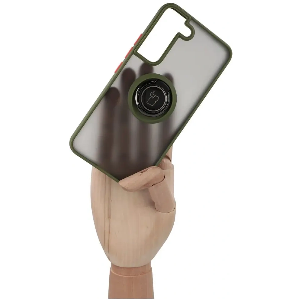 Etui z uchwytem na palec Bizon Case Hybrid Ring do Samsung Galaxy S22 przydymione z zieloną ramką
