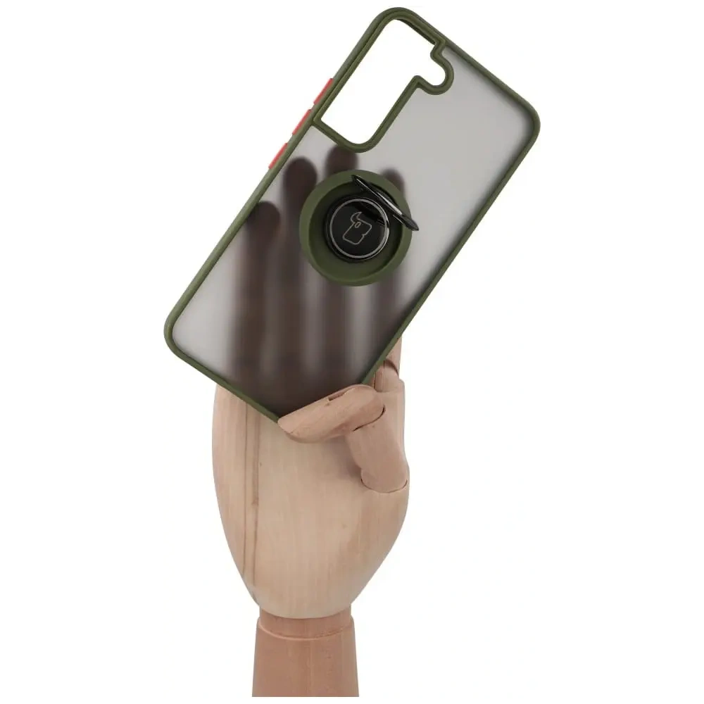 Etui z uchwytem na palec Bizon Case Hybrid Ring do Samsung Galaxy S22 przydymione z zieloną ramką