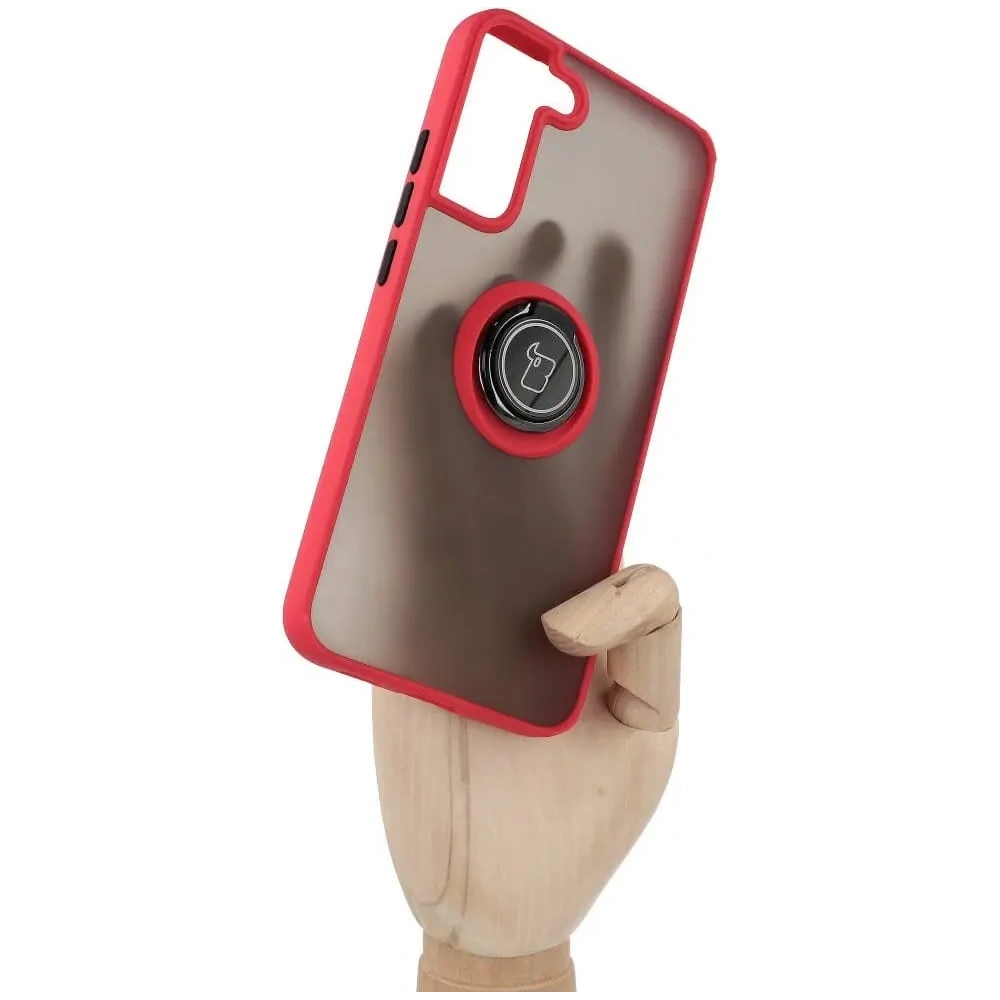 Etui z uchwytem na palec Bizon Case Hybrid Ring do Samsung Galaxy S22 Plus przydymione z czerwoną ramką