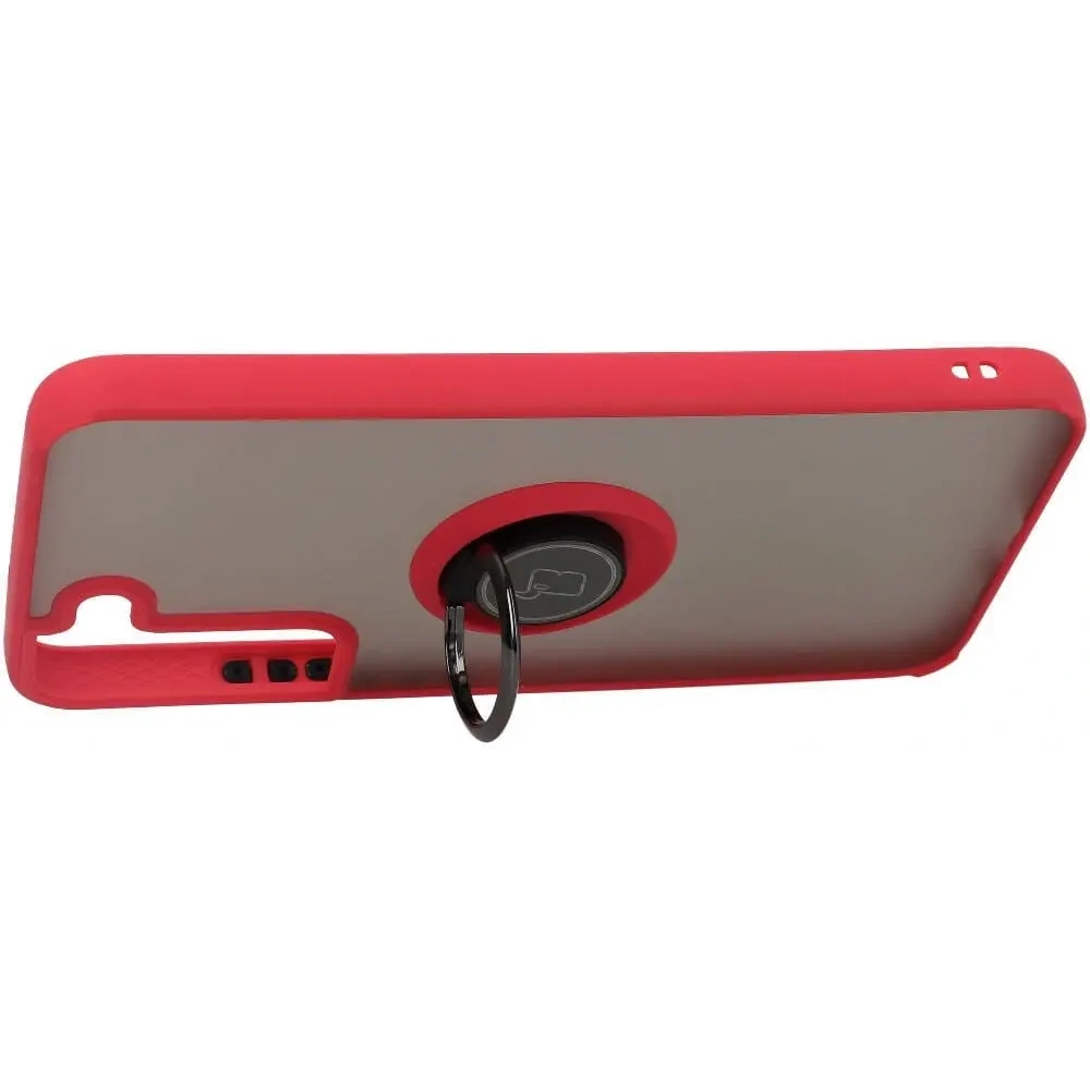Etui z uchwytem na palec Bizon Case Hybrid Ring do Samsung Galaxy S22 Plus przydymione z czerwoną ramką