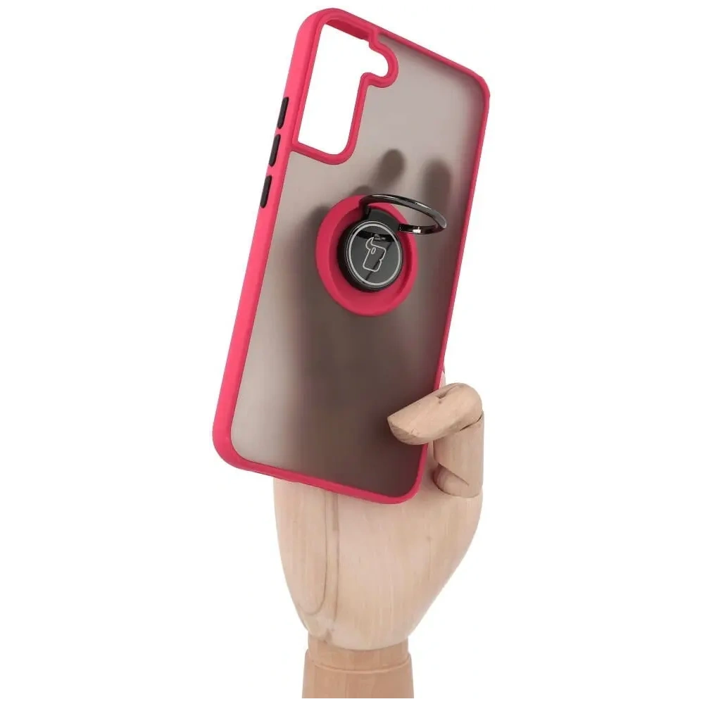 Etui z uchwytem na palec Bizon Case Hybrid Ring do Samsung Galaxy S22 Plus przydymione z czerwoną ramką