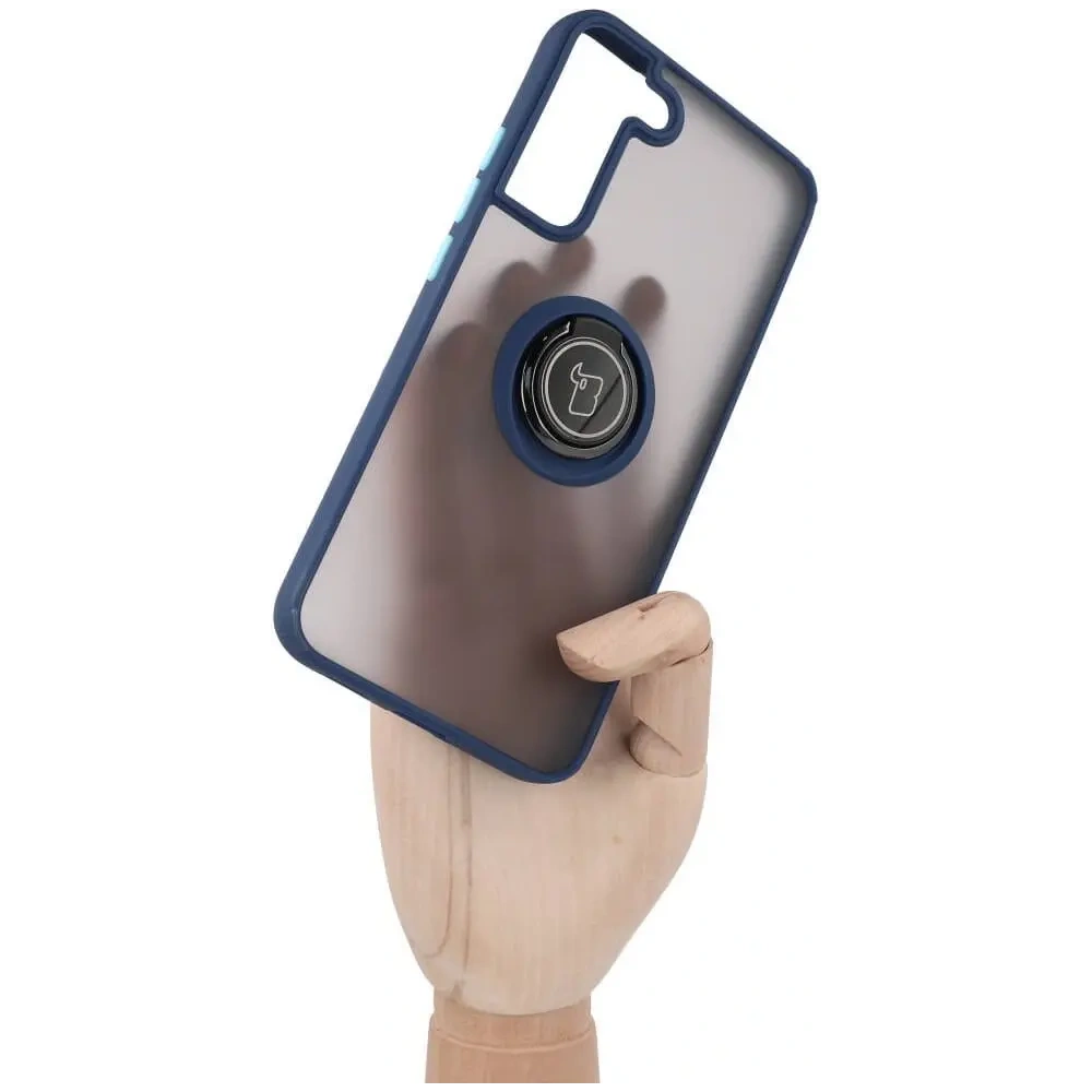 Etui z uchwytem na palec Bizon Case Hybrid Ring do Samsung Galaxy S22 Plus przydymione z granatową ramką
