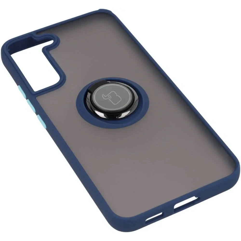 Etui z uchwytem na palec Bizon Case Hybrid Ring do Samsung Galaxy S22 Plus przydymione z granatową ramką