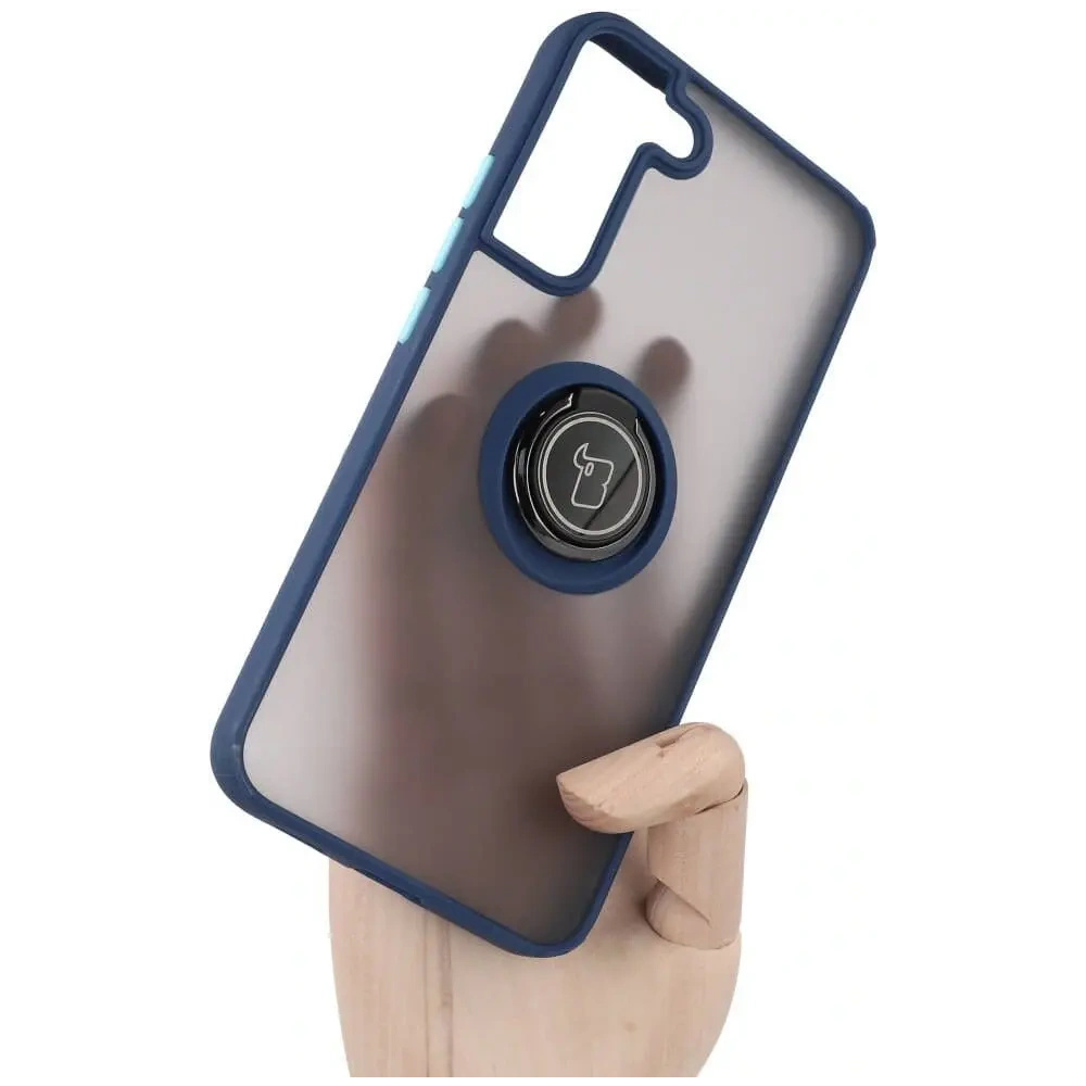 Etui z uchwytem na palec Bizon Case Hybrid Ring do Samsung Galaxy S22 Plus przydymione z granatową ramką