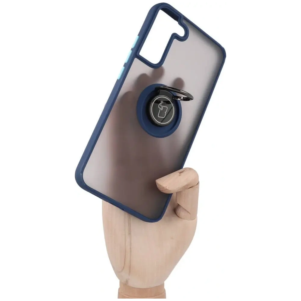 Etui z uchwytem na palec Bizon Case Hybrid Ring do Samsung Galaxy S22 Plus przydymione z granatową ramką