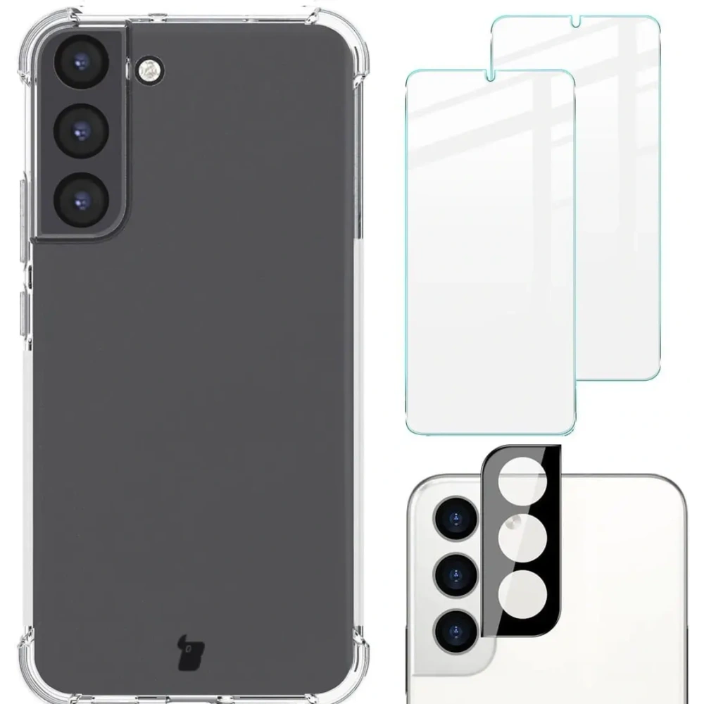 Etui + 2x szkło na ekran + obiektyw Bizon Case Clear Pack do Samsung Galaxy S22 Plus przezroczyste