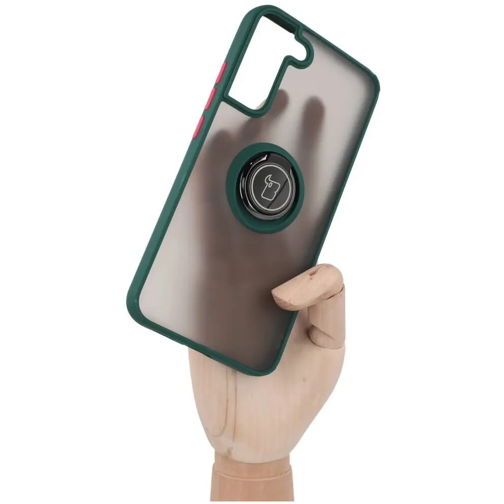 Etui z uchwytem na palec Bizon Case Hybrid Ring do Samsung Galaxy S22 Plus przydymione z ciemnozieloną ramką