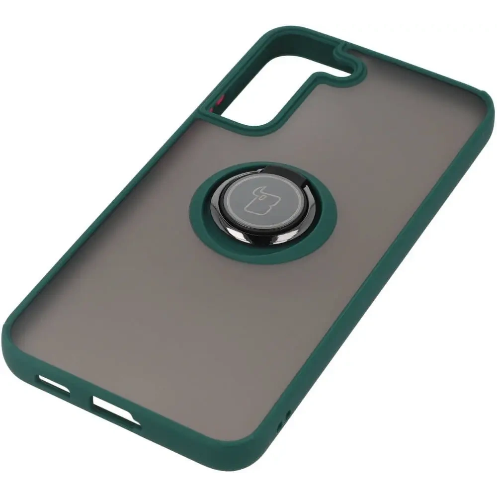 Etui z uchwytem na palec Bizon Case Hybrid Ring do Samsung Galaxy S22 Plus przydymione z ciemnozieloną ramką