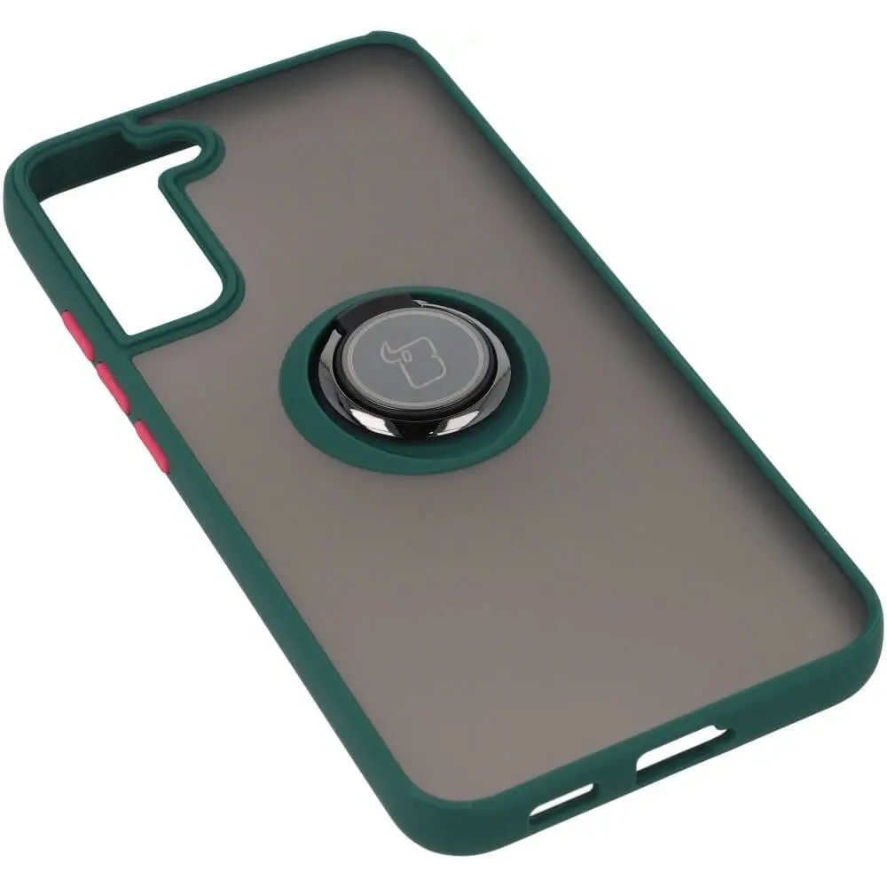 Etui z uchwytem na palec Bizon Case Hybrid Ring do Samsung Galaxy S22 Plus przydymione z ciemnozieloną ramką