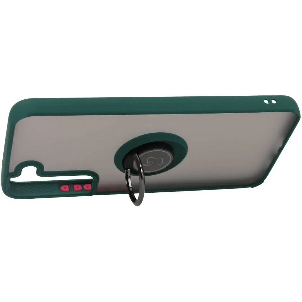 Etui z uchwytem na palec Bizon Case Hybrid Ring do Samsung Galaxy S22 Plus przydymione z ciemnozieloną ramką